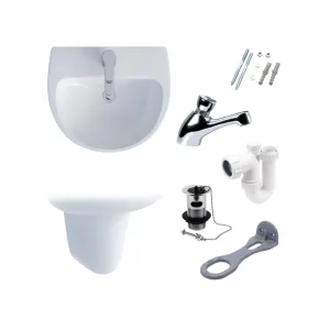 Wall-Hung Semi-Pedestal Basin 45cm with Essential Non-Concussive Tap (single), Waste and Trap