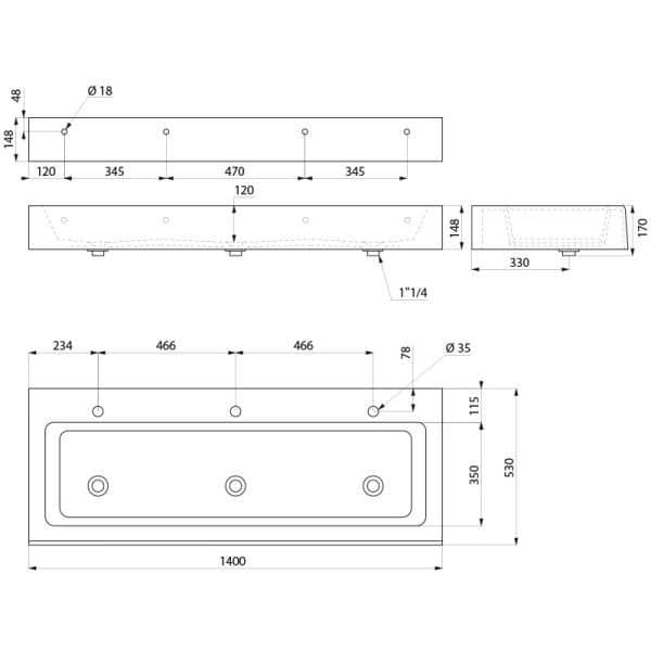 453140-2 Mineralcast composite wash trough Mineralcast composite wash trough diagram